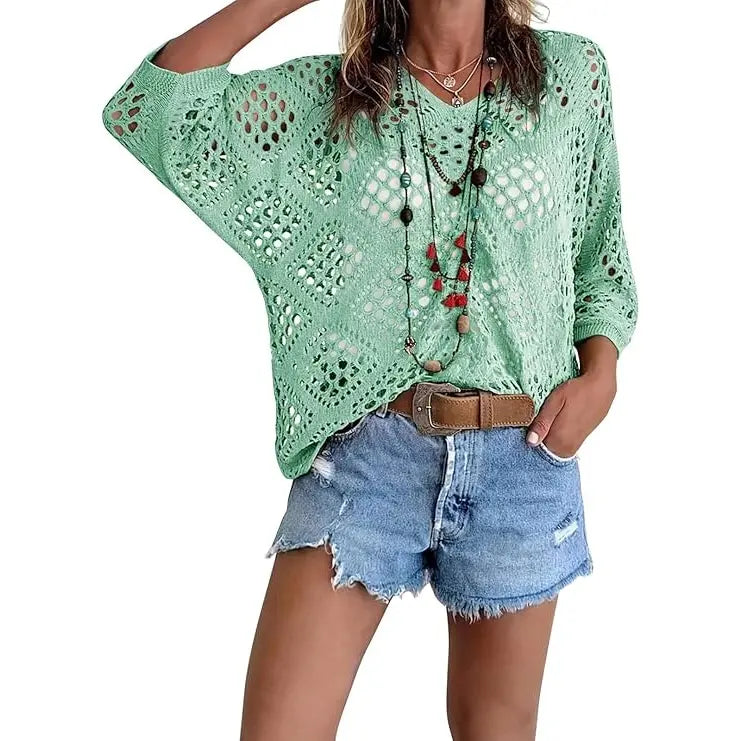 🌸 Boho Vacation Vibe | Women's Bohemian-Inspired Beige Crochet V-Neck Top & Lightweight Summer Cover-Up ✨