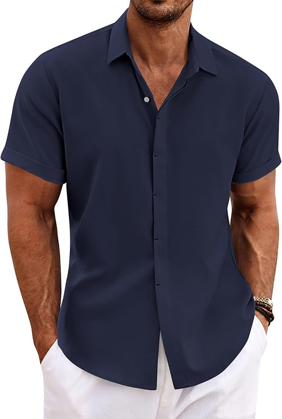 Men's Linen Shirts Short Sleeve Casual Shirts Button Down Shirt for Men Beach Summer Wedding Shirt