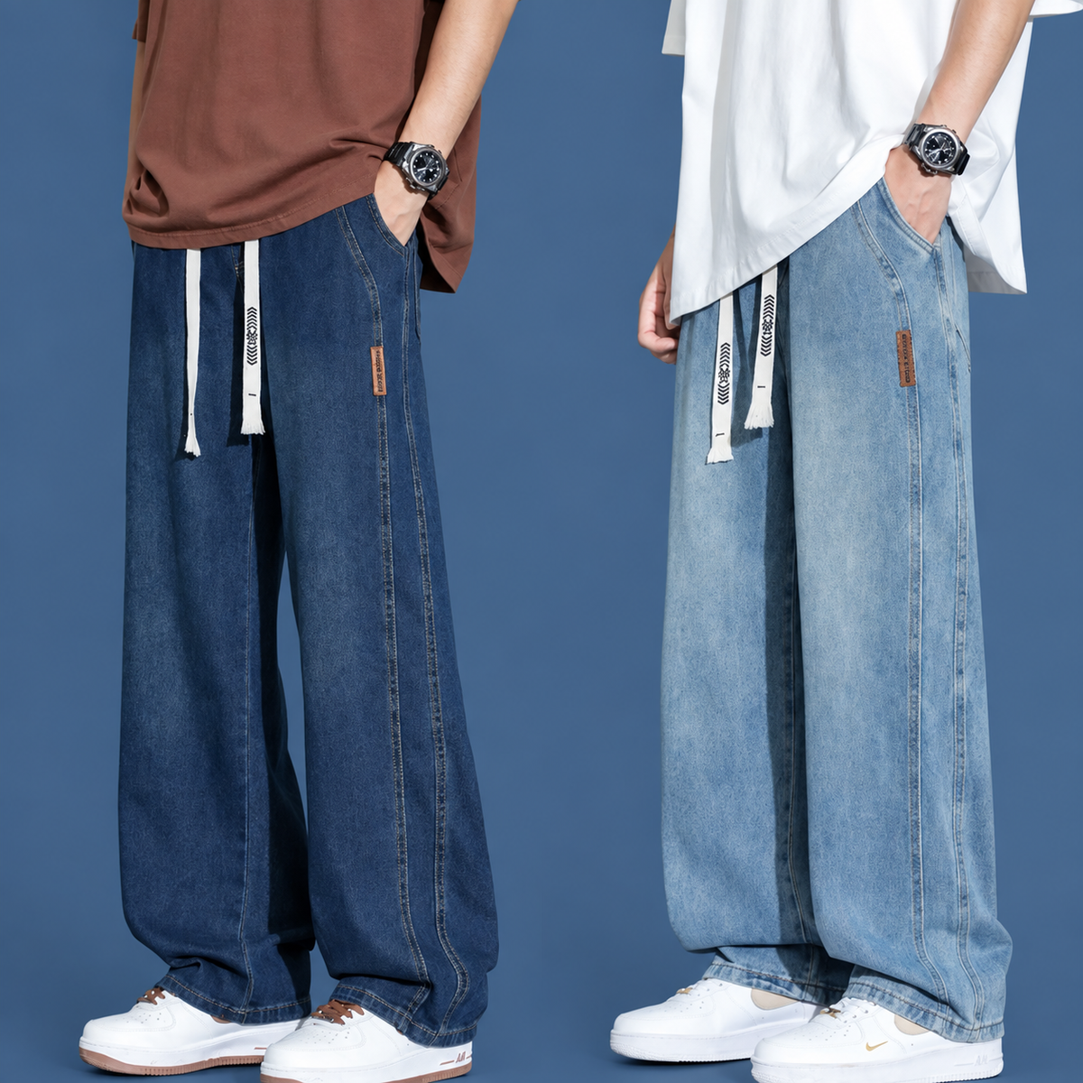 Men’s Relaxed Fit Drawstring Jeans – Stretch Wide-Leg Denim Pants