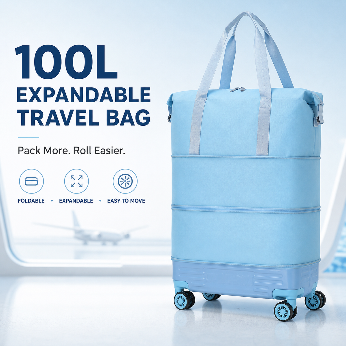 Light blue expandable 100 liter rolling travel bag