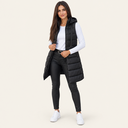 Women's Long Hooded Puffer Vest – Cozy Sleeveless Winter Layer