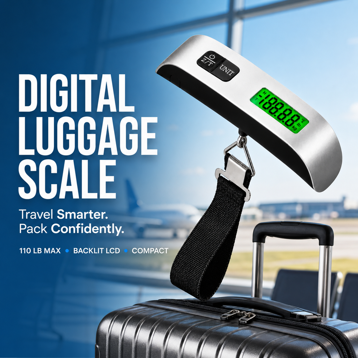Portable silver and black digital luggage scale with green backlit display