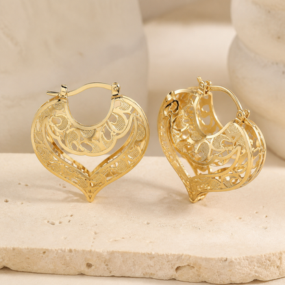 Intricate Open Heart Earrings - Gold