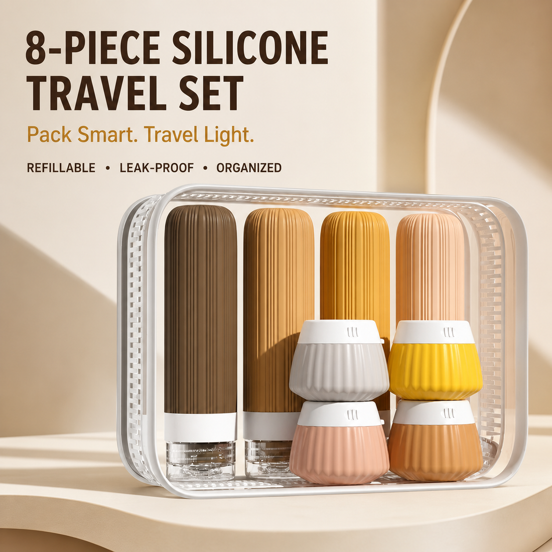 Eight-piece apricot silicone travel bottle set inside a clear storage case