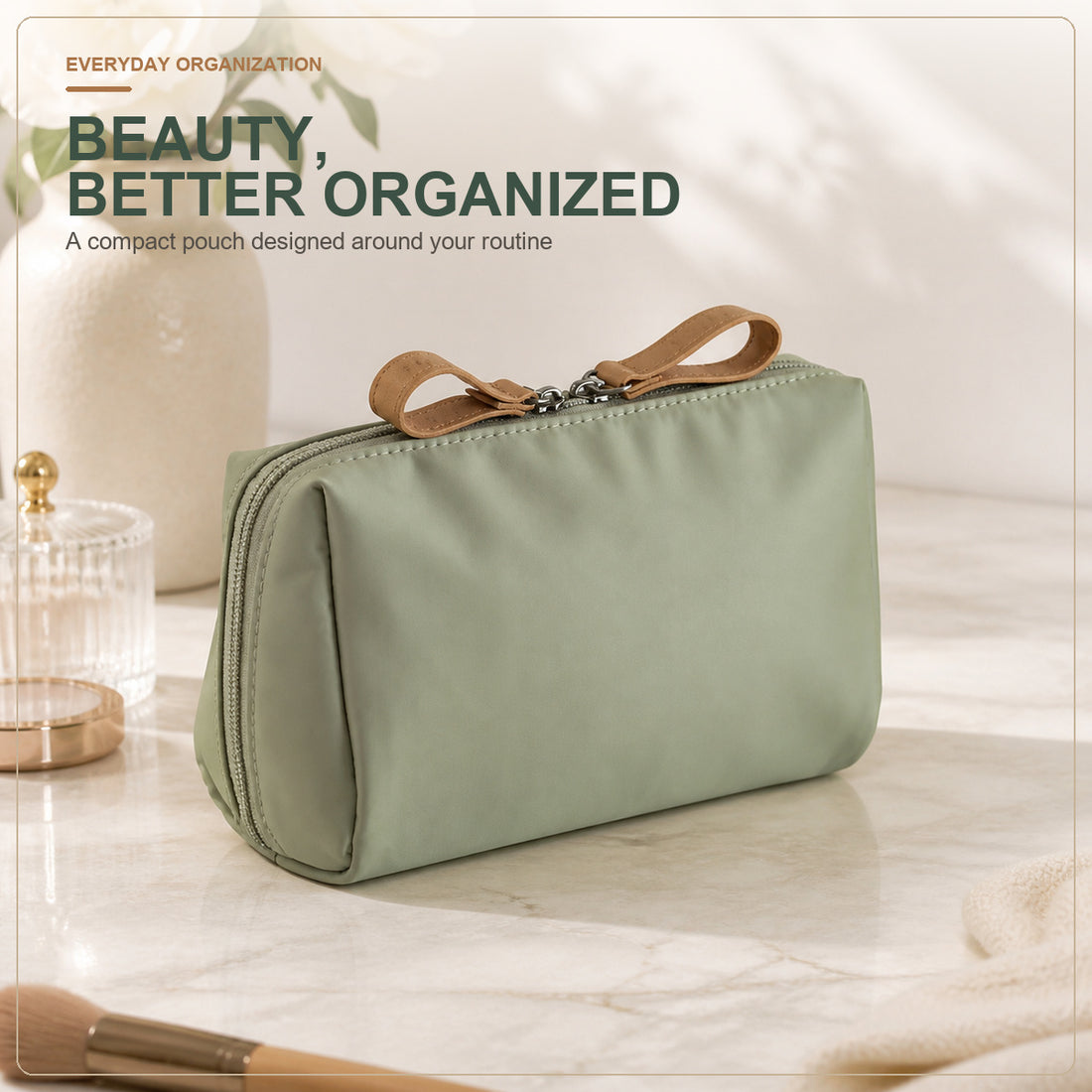 Compact green makeup organizer bag