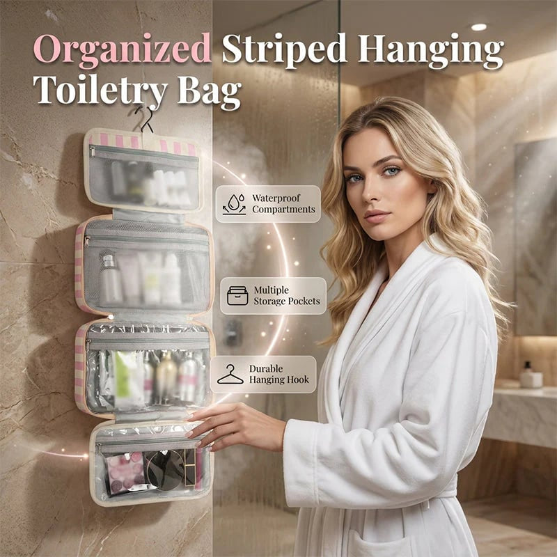 🧳 Pack Like a Pro | Classic Striped Hanging Travel Toiletry Bag & Waterproof Multi-Layer Cosmetic Organizer ✨