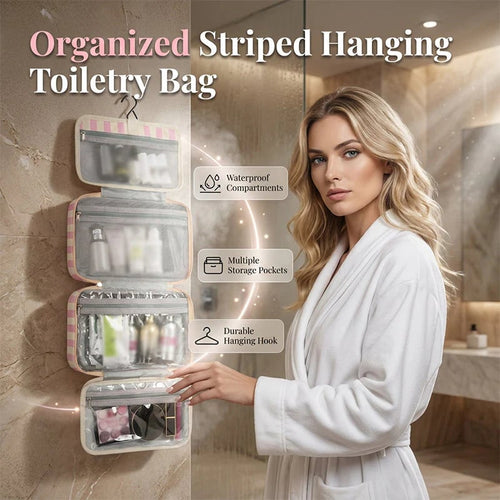 🧳 Pack Like a Pro | Classic Striped Hanging Travel Toiletry Bag & Waterproof Multi-Layer Cosmetic Organizer ✨