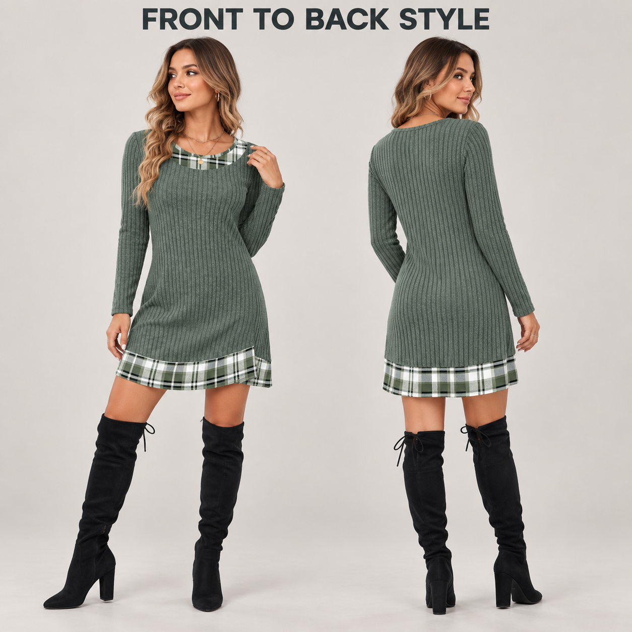 Front and back view of plaid trim knit sweater dress