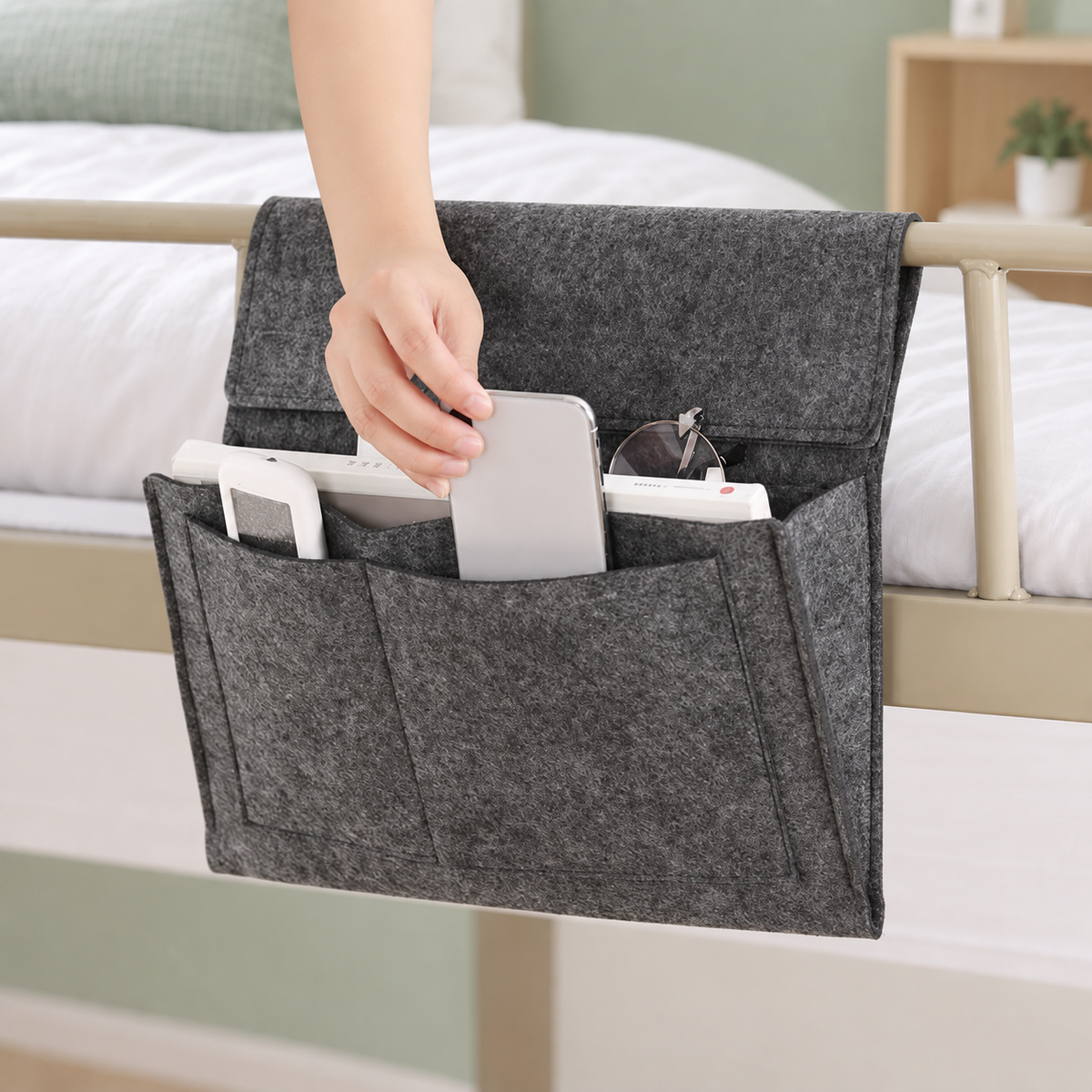 5-Pocket Felt Bedside Caddy – Hanging Bed Organizer