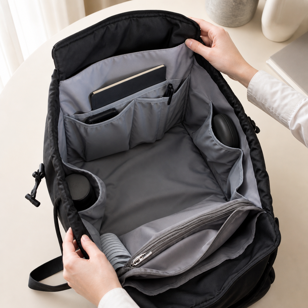 Light-gray organized interior with multiple storage pockets