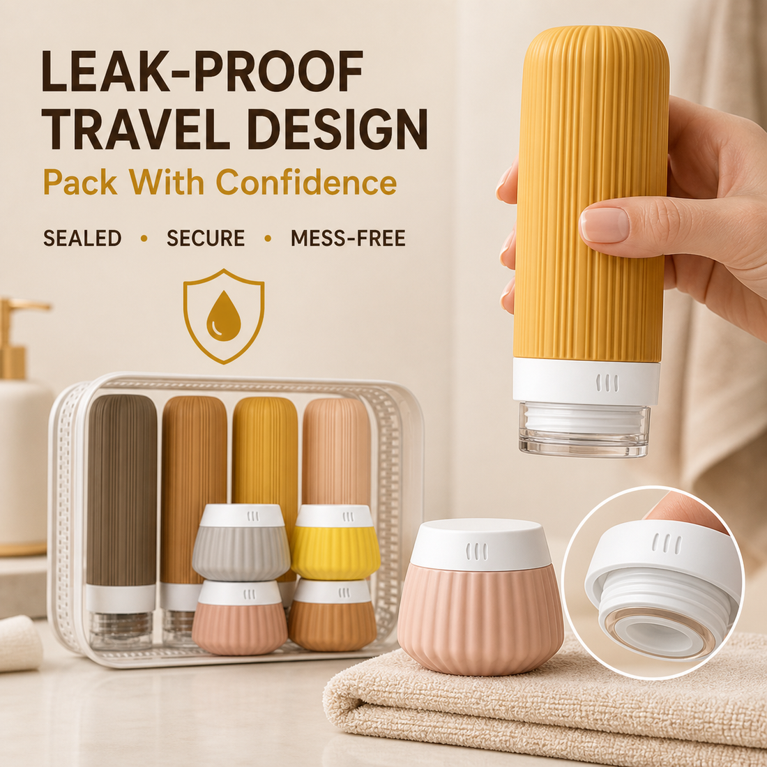 Close-up of the sealed leak-resistant travel bottle closure