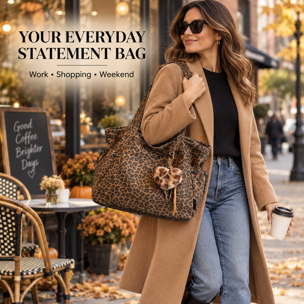 Woman carrying leopard print everyday bag