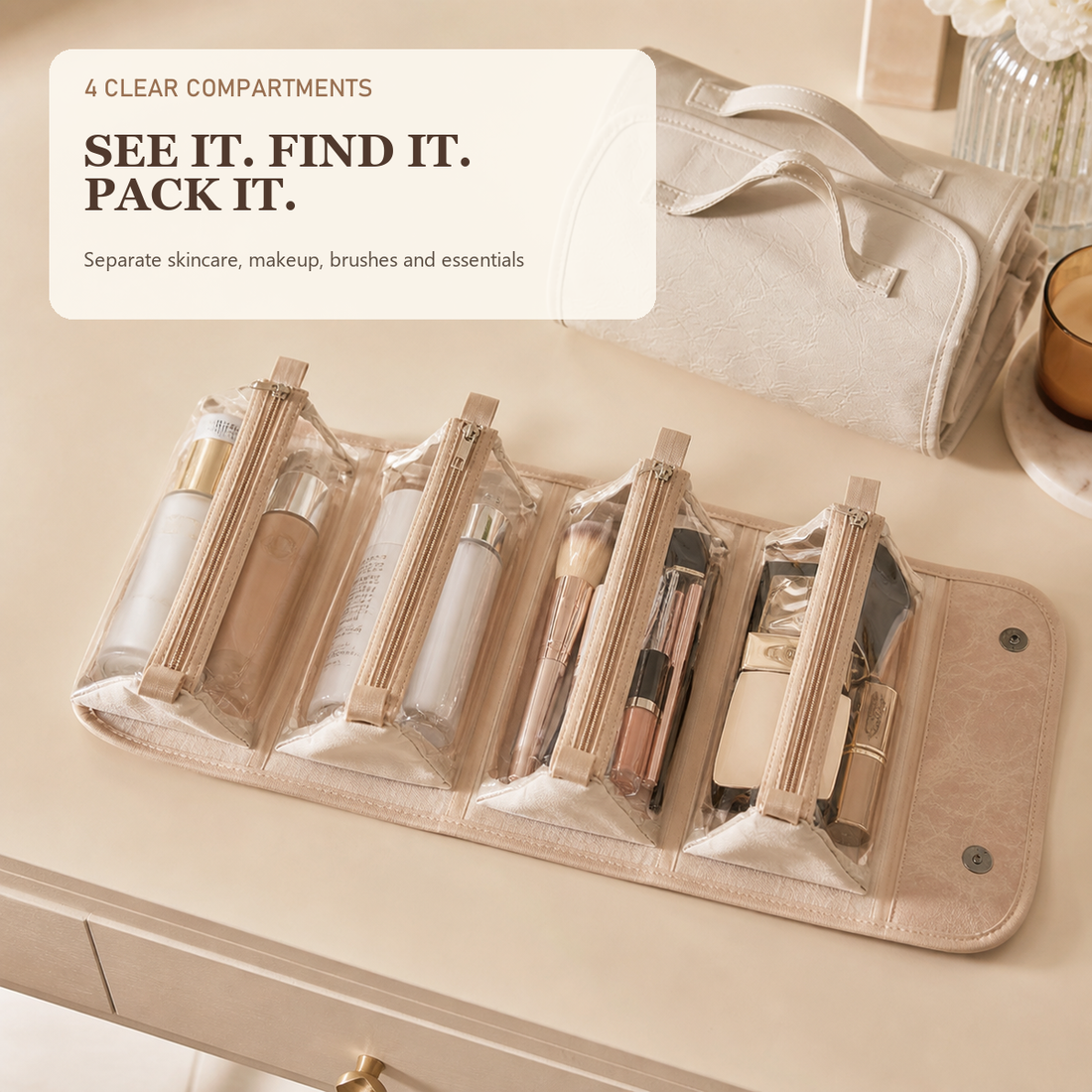 Four clear zip compartments holding beauty essentials