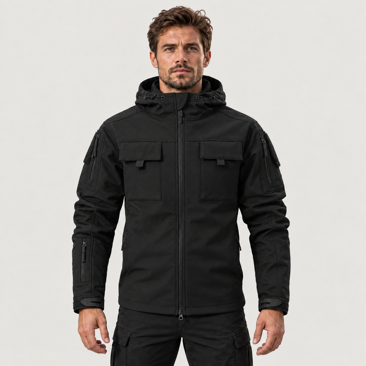 Men's Waterproof Fleece Hooded Jacket – 9-Pocket Utility Design