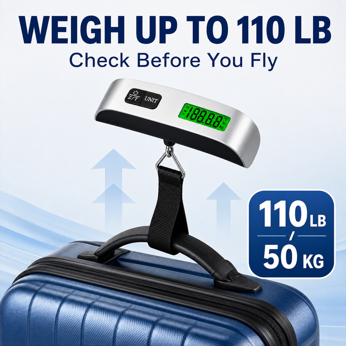 Digital travel scale weighing luggage up to 110 pounds