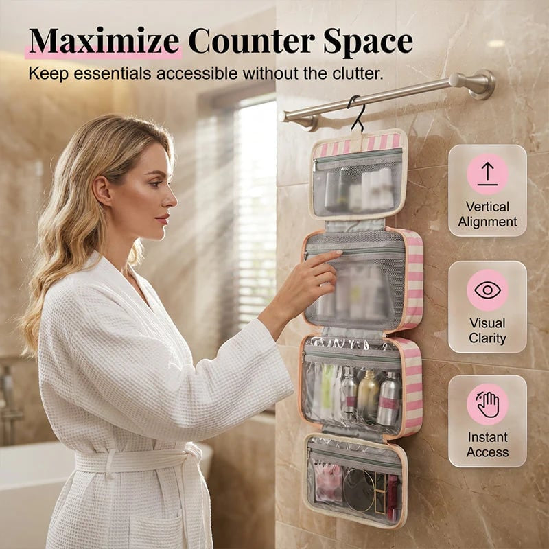 🧳 Pack Like a Pro | Classic Striped Hanging Travel Toiletry Bag & Waterproof Multi-Layer Cosmetic Organizer ✨