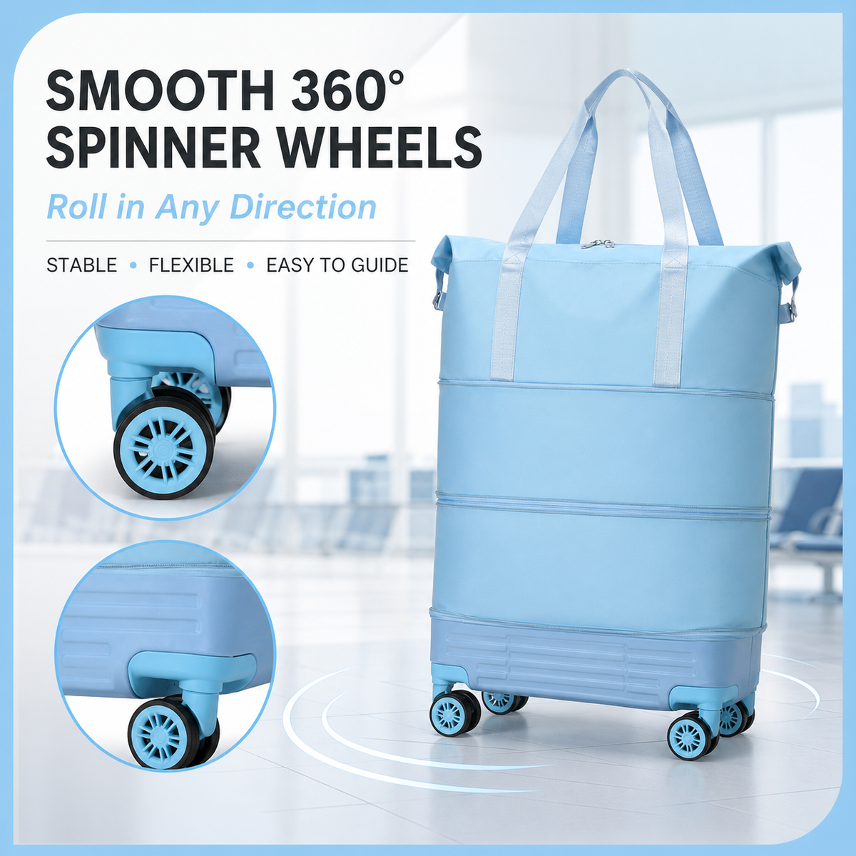 Close-up of four 360 degree spinner wheels