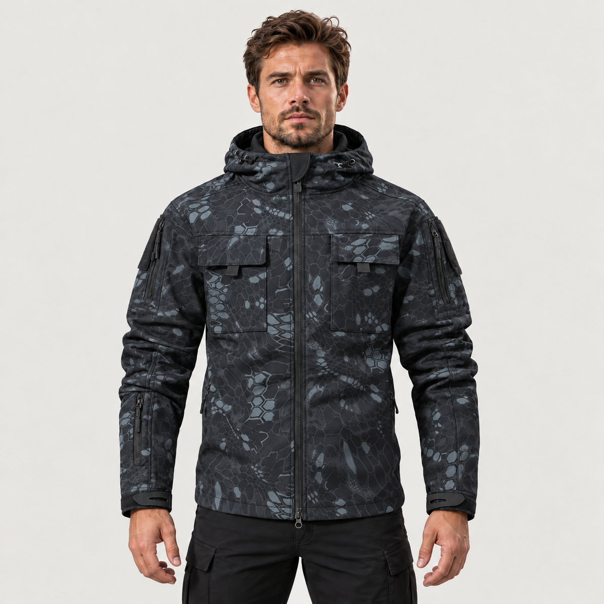 Men's Waterproof Fleece Hooded Jacket – 9-Pocket Utility Design