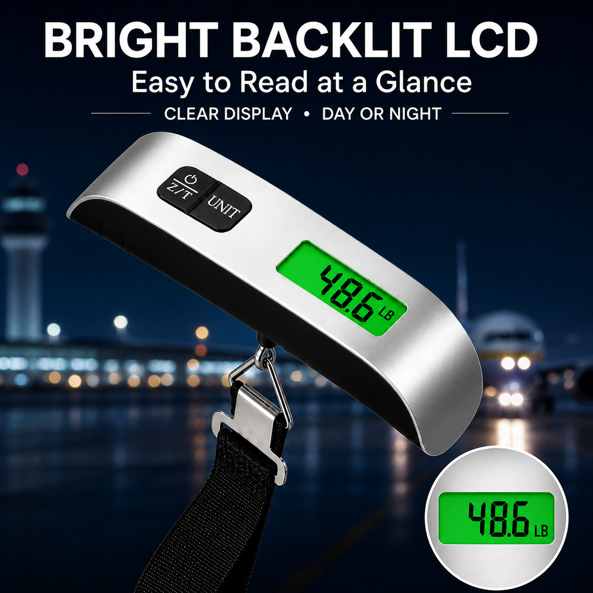 Close-up of green backlit LCD and data lock on digital luggage scale