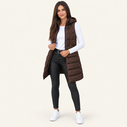 Women's Long Hooded Puffer Vest – Cozy Sleeveless Winter Layer