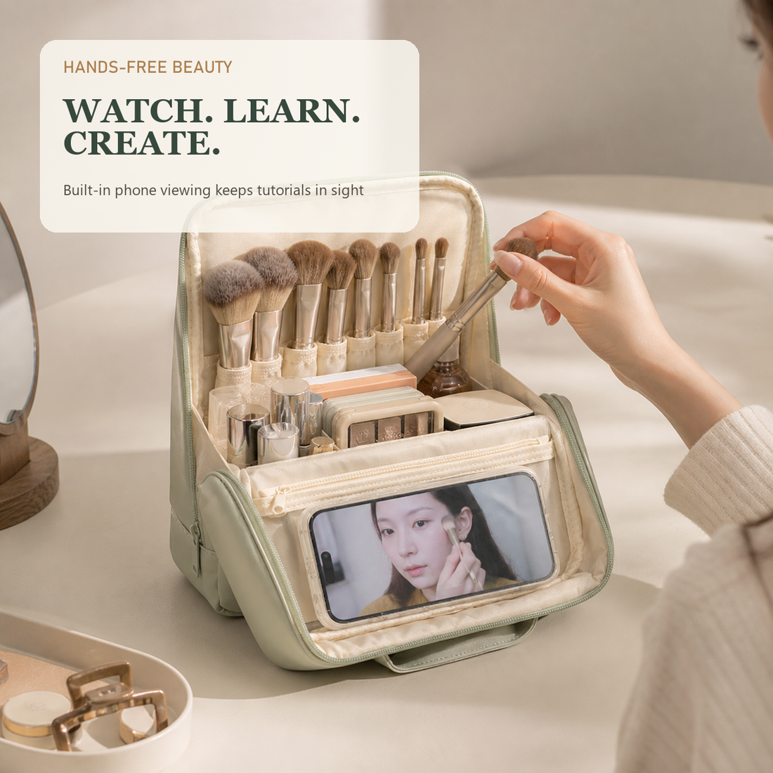 Phone viewing window inside makeup organizer