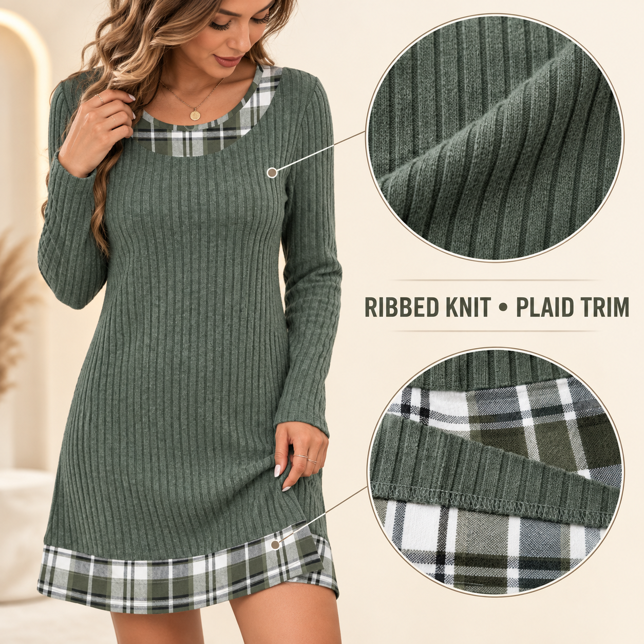 Close-up of ribbed knit texture and plaid trim