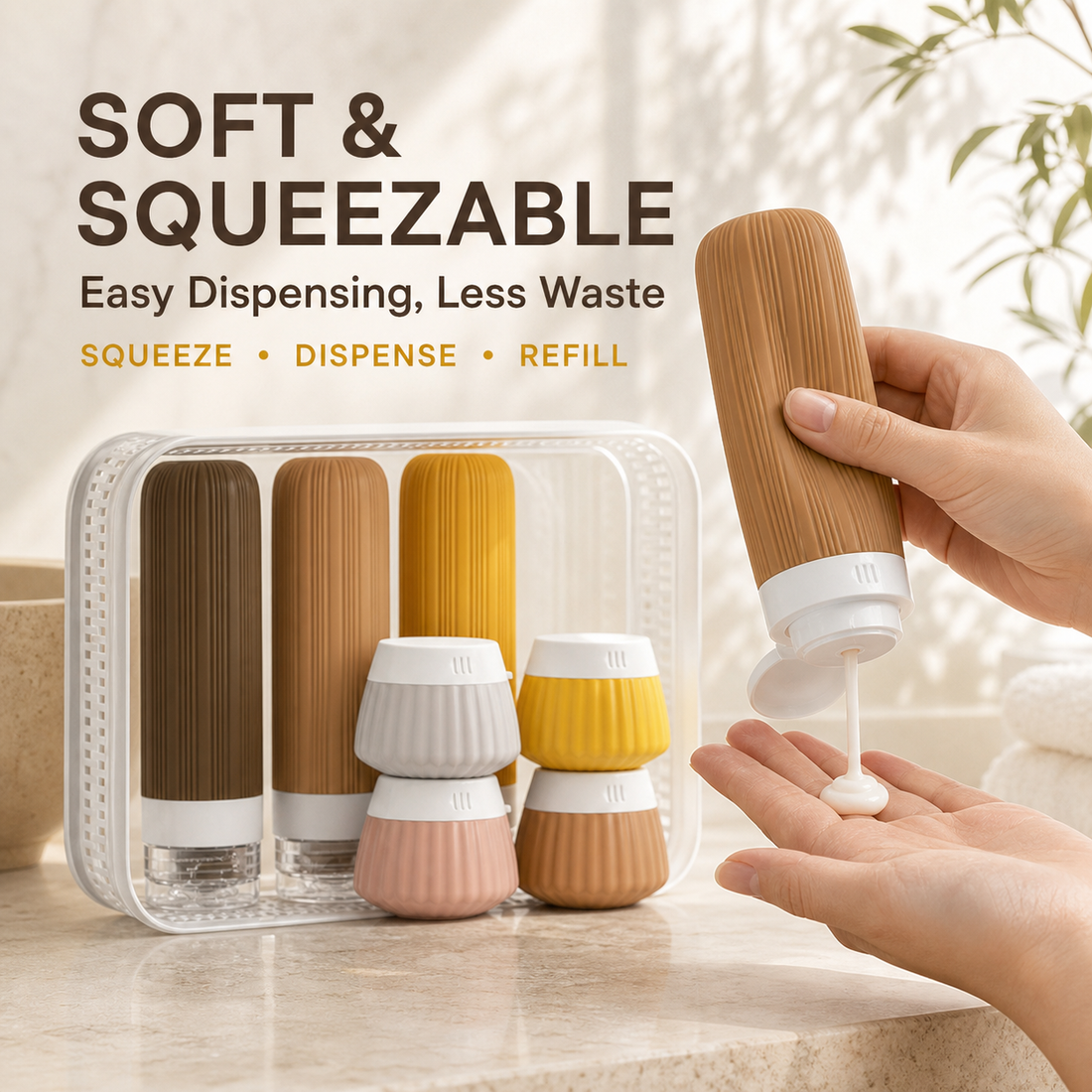 Hand squeezing the soft ribbed silicone travel bottle