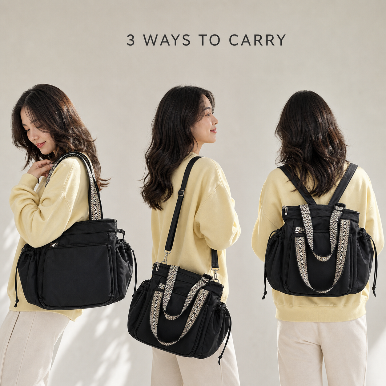 Woman demonstrating three convertible carry modes