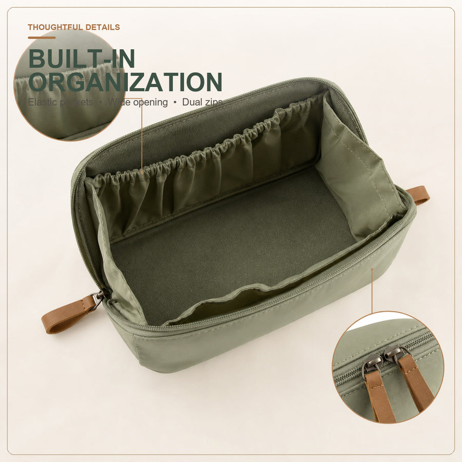 Interior elastic compartments and dual zipper details