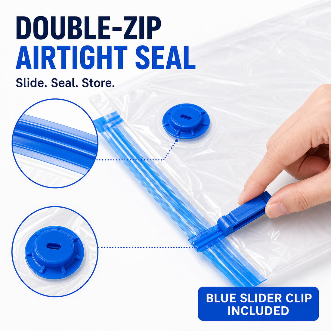 Close-up of the double zip seal valve and blue slider clip