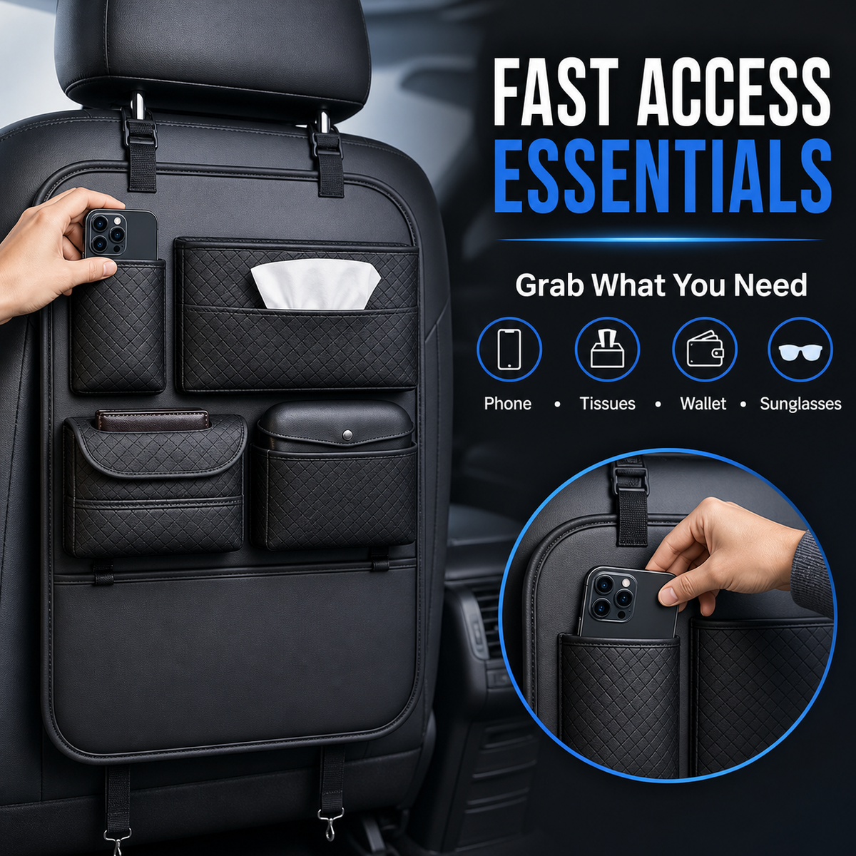 Passenger reaching for phone from backseat organizer