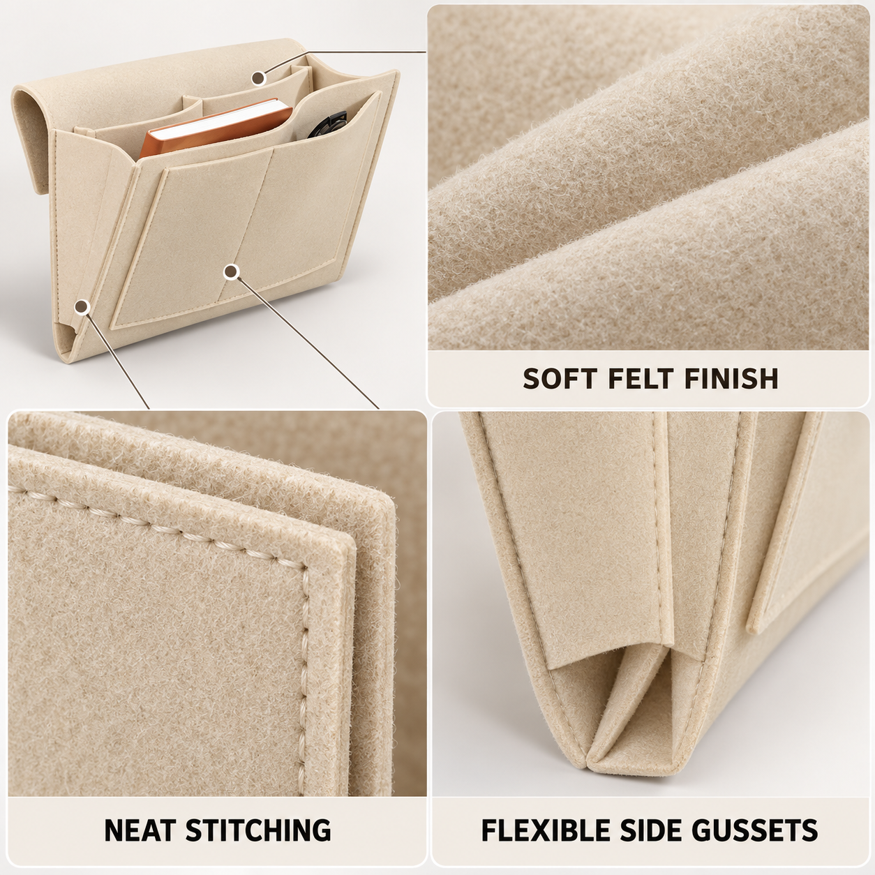 Close-up views of soft felt, neat stitching and flexible side gussets