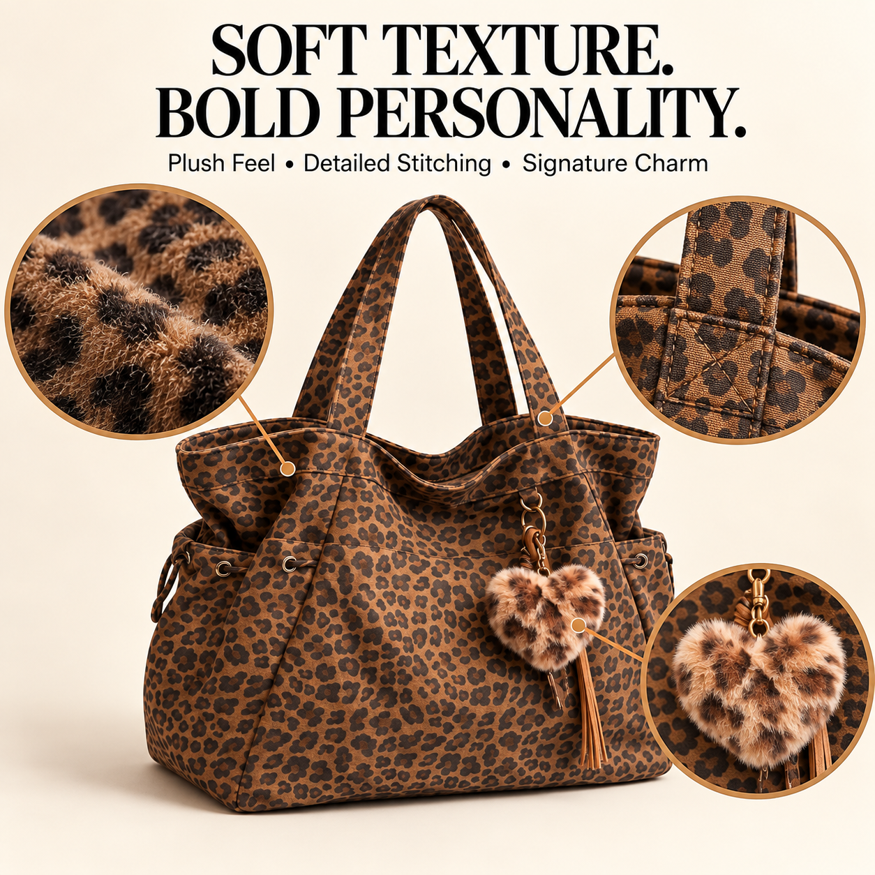 Leopard print bag fabric stitching and plush charm details
