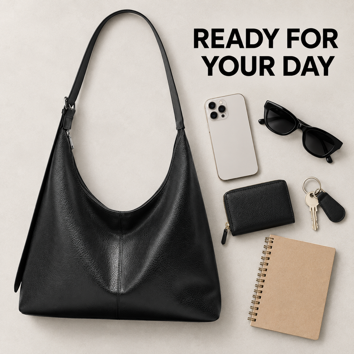 Women's shoulder bag shown with phone, wallet, keys, sunglasses and notebook