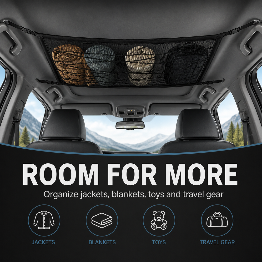 Overhead car cargo net organized with jackets blankets toys and travel bags