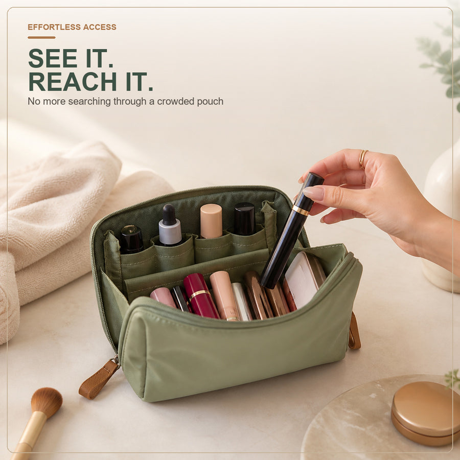 Wide-open makeup bag for easy access