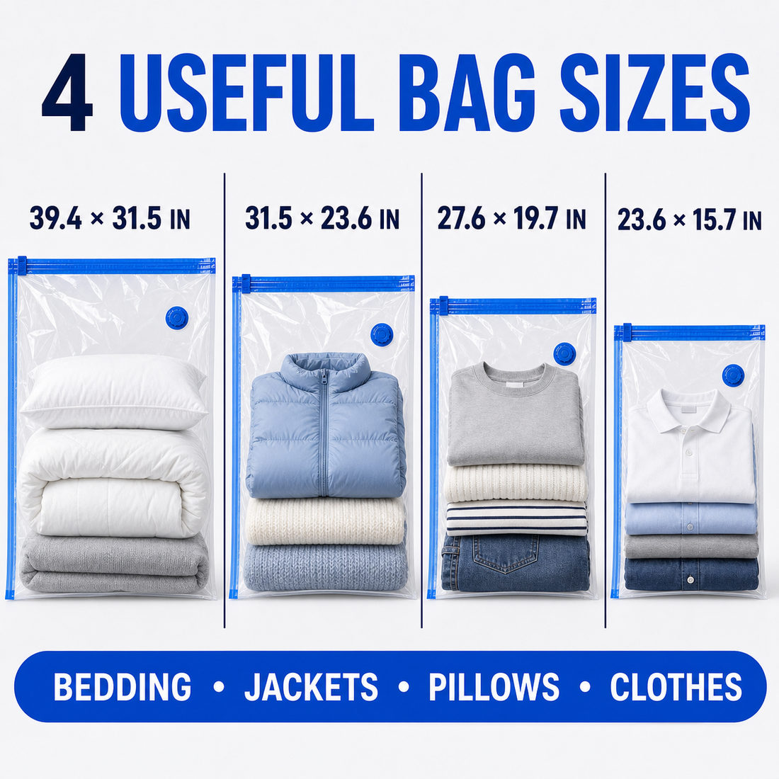 Four vacuum storage bag dimensions in inches for bedding jackets pillows and clothes