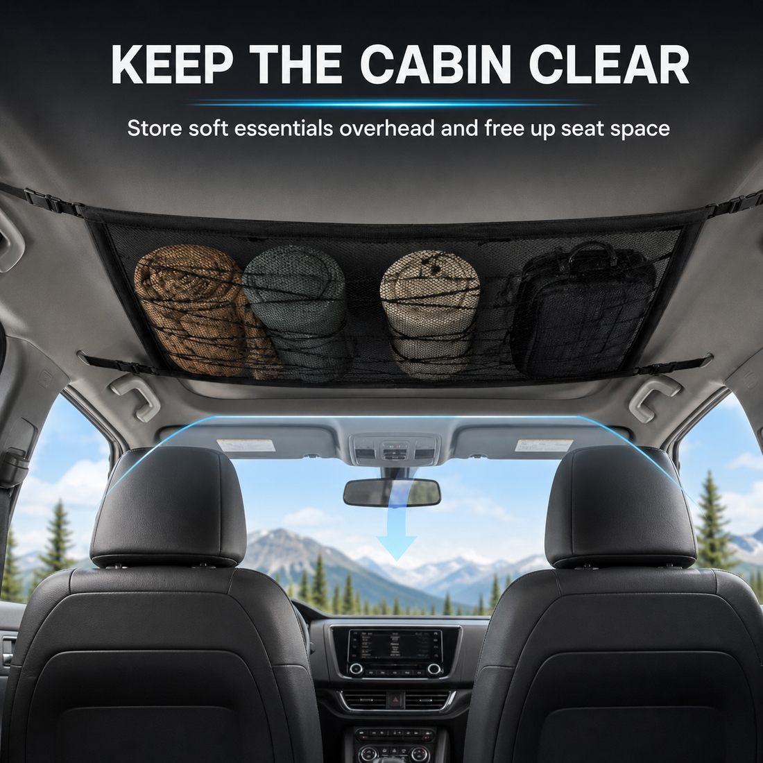 Car ceiling storage net keeping soft travel gear above the passenger area