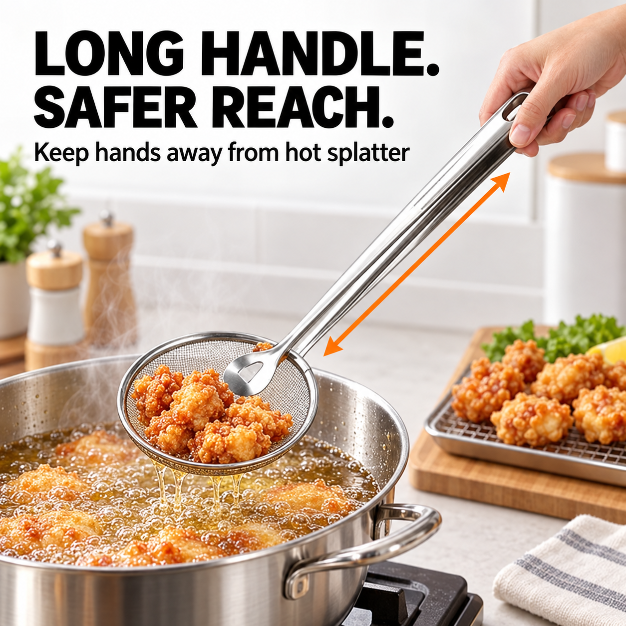 Long handle kitchen strainer for safer reach
