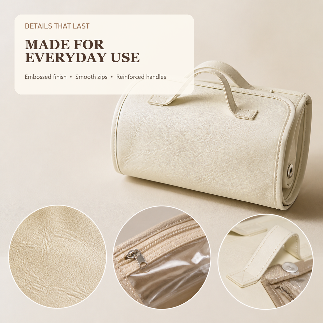 Close-up of embossed finish zippers and handles