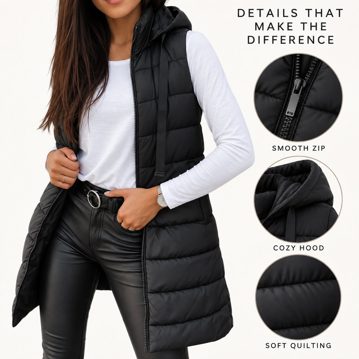 Women's Long Hooded Puffer Vest – Cozy Sleeveless Winter Layer