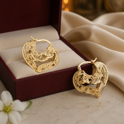 Intricate Open Heart Earrings - Gold