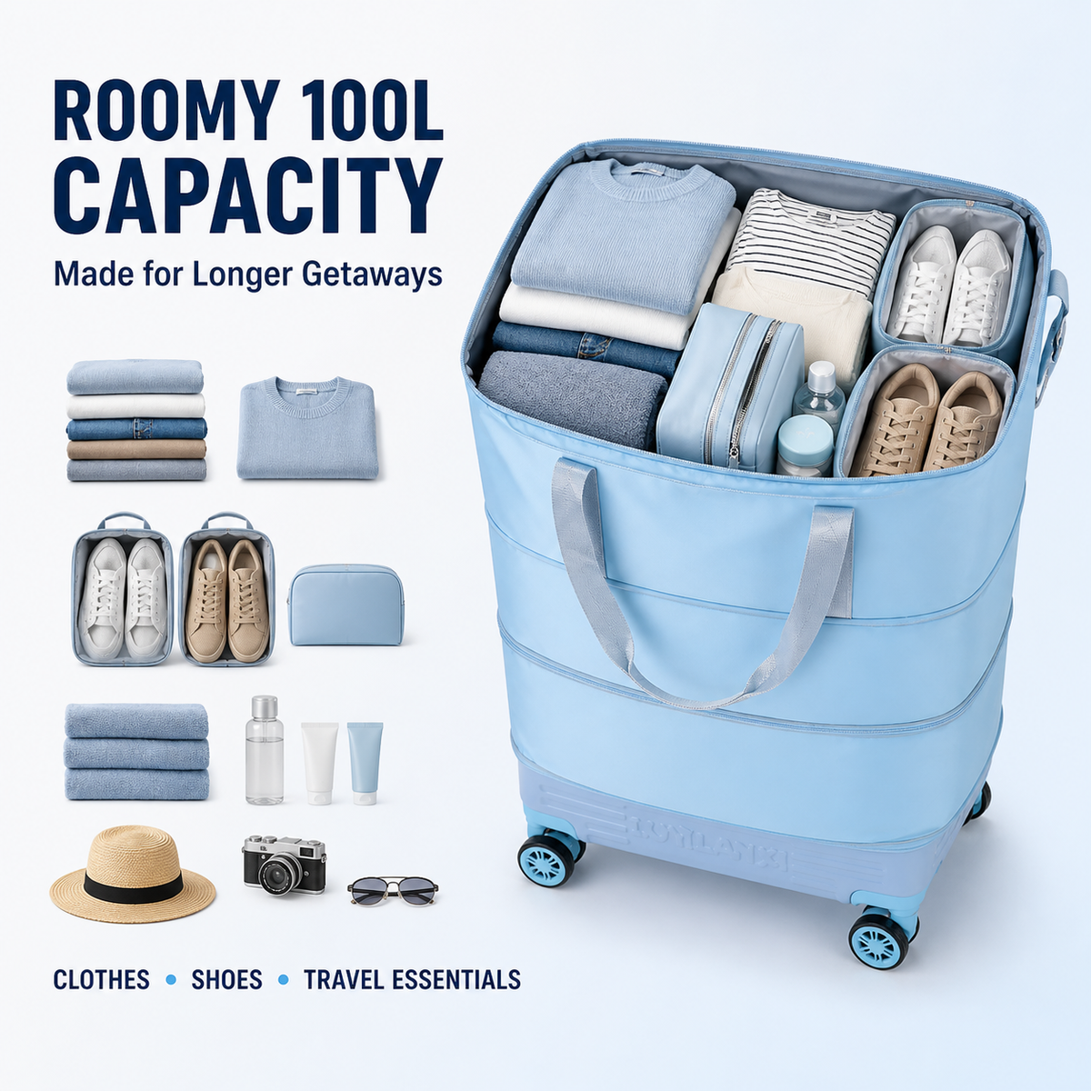 Open 100 liter rolling travel bag packed with clothes shoes and toiletries