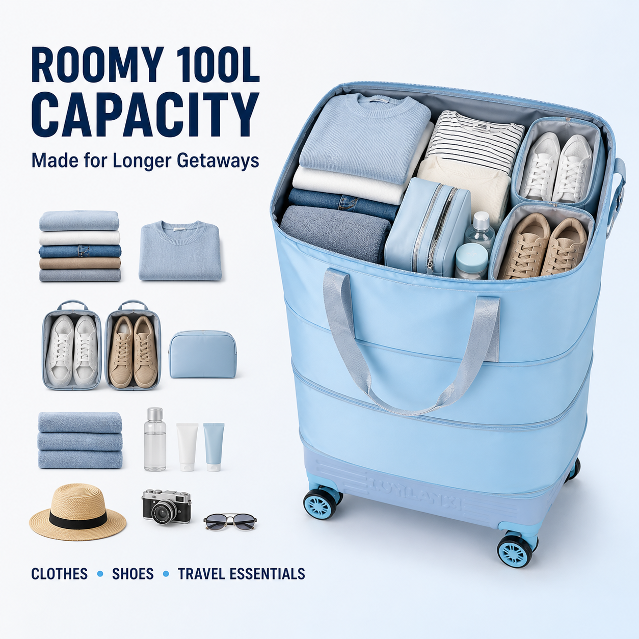 100L Expandable Rolling Travel Bag