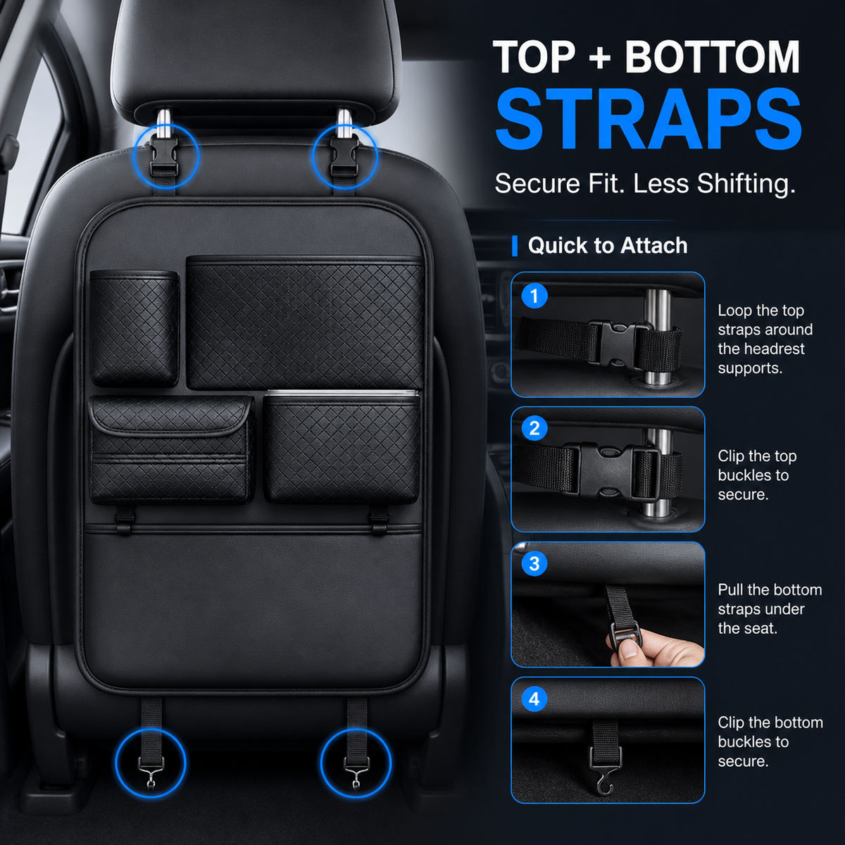 Top and bottom attachment system for car seat organizer