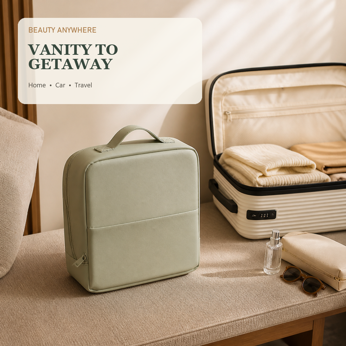 Sage makeup organizer beside an open suitcase