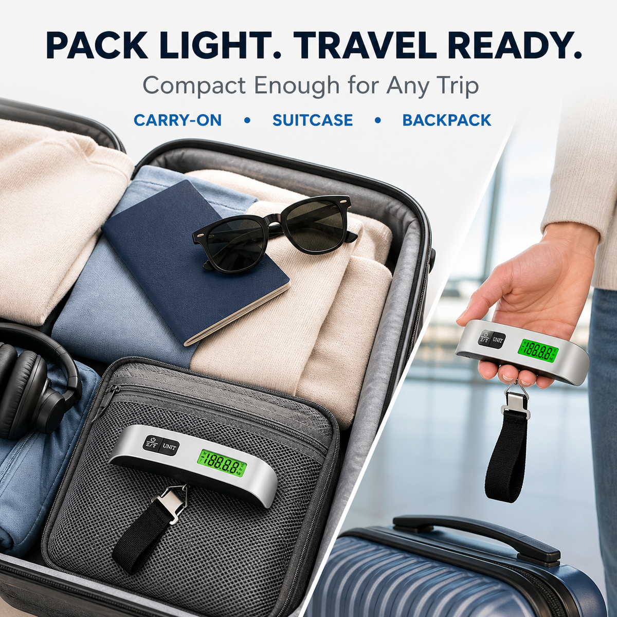 Portable digital luggage scale packed with travel essentials