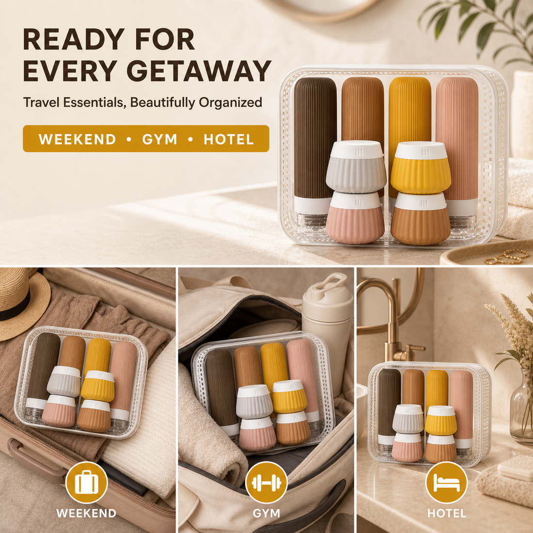 Apricot silicone travel container set packed for a getaway