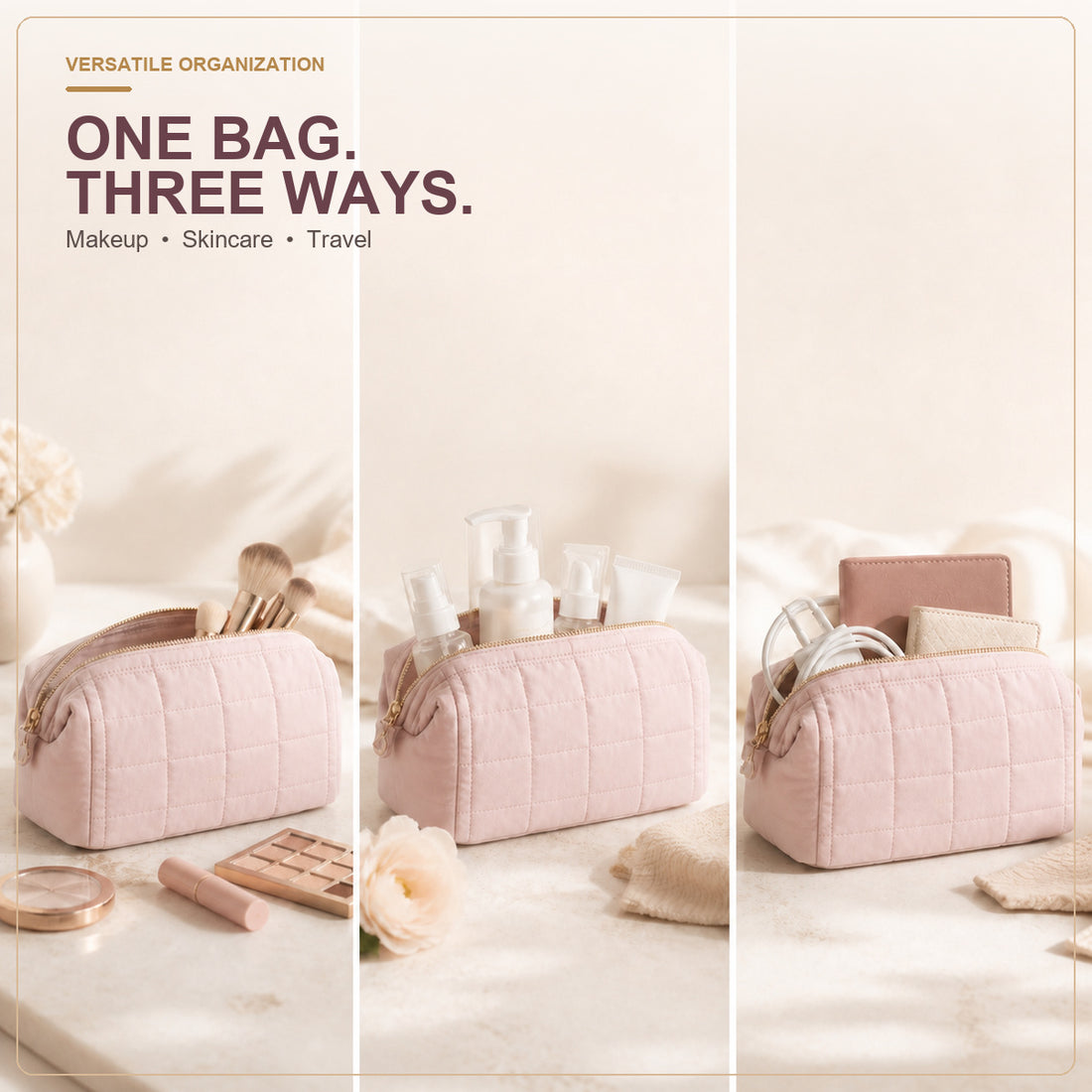Pink quilted organizer used for makeup, skincare and travel items