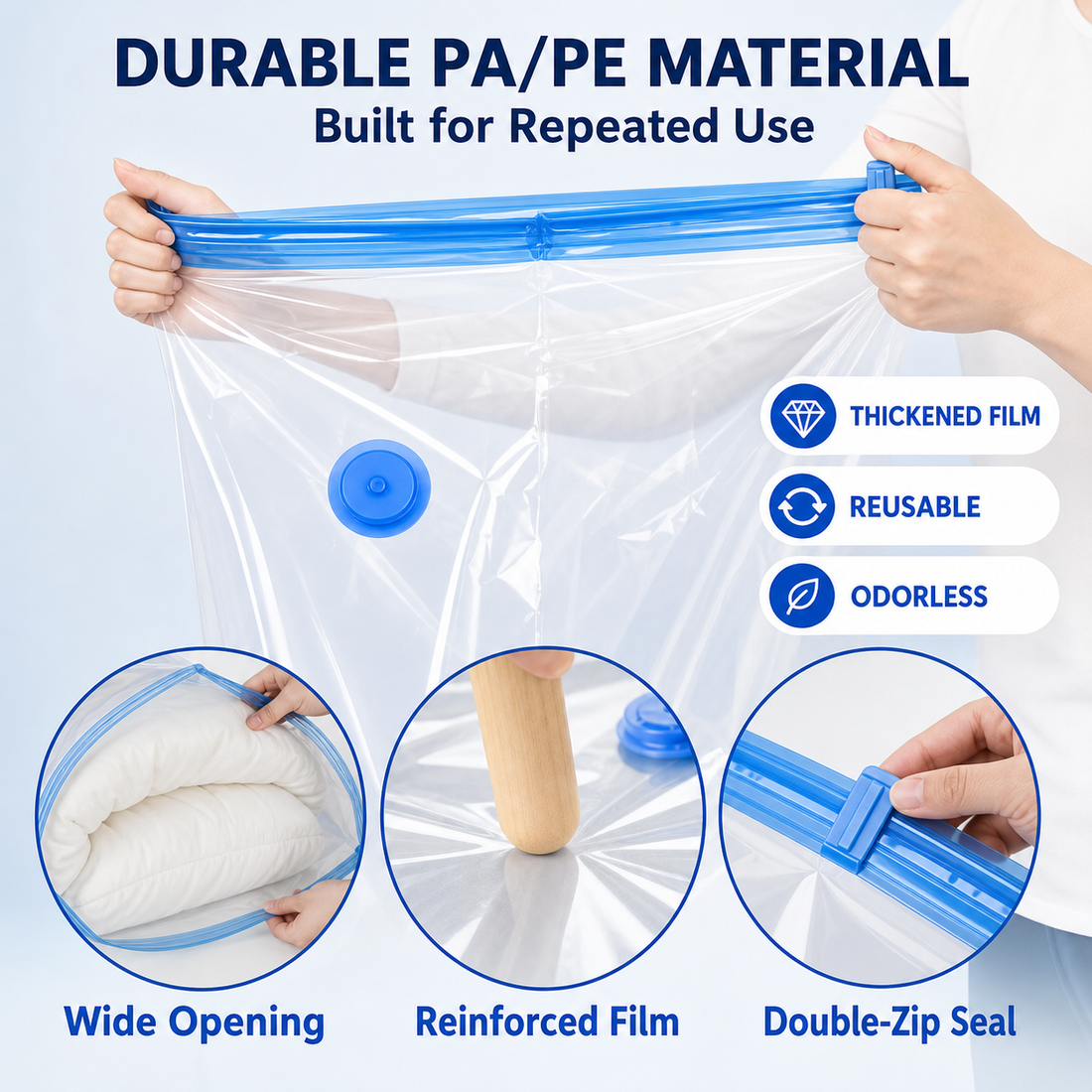 Durable clear PA PE vacuum bag with wide opening reinforced film and double zip seal
